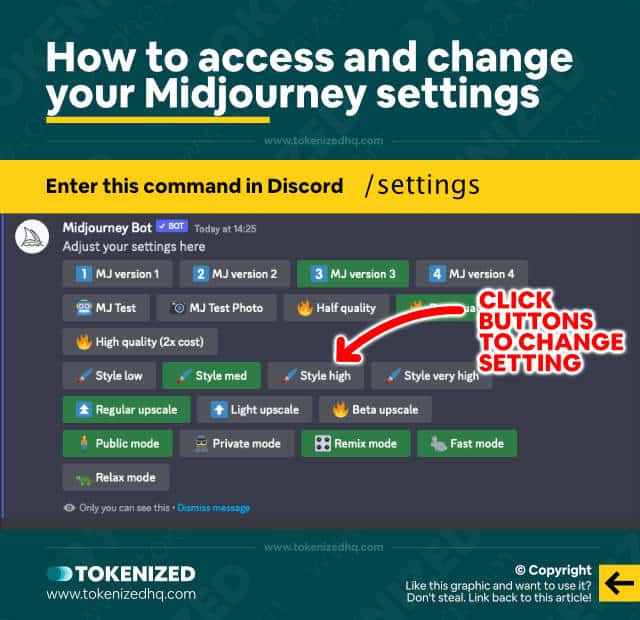 Infographic showing how to access and change your Midjourney settings via Discord.