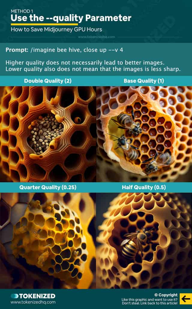 Infographic showing how to save Midjourney GPU hours by using the --quality parameter.