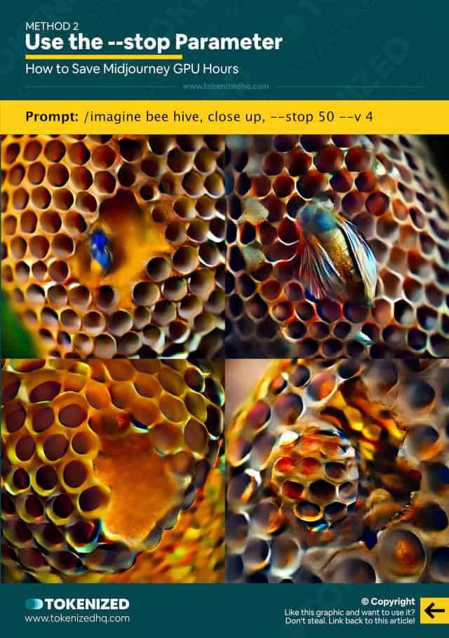Infographic showing how to save Midjourney GPU hours by using the --stop parameter.