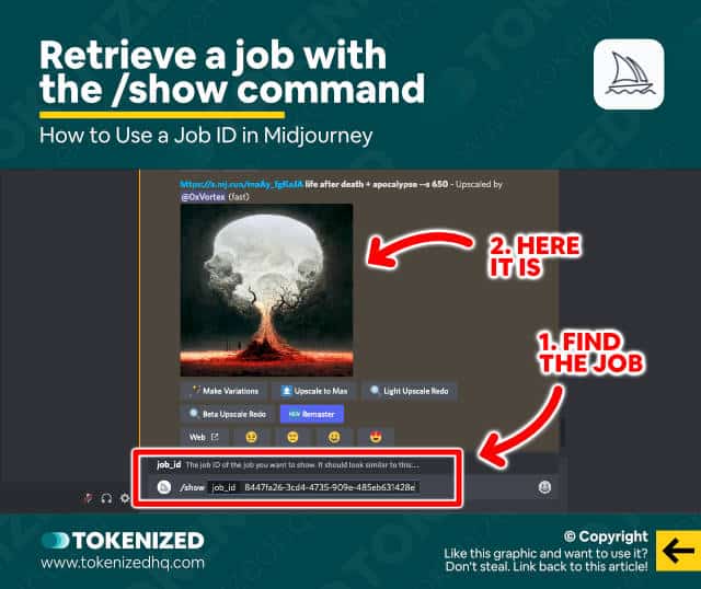 Infographic showing how to use the /show command to retrieve a specific job.