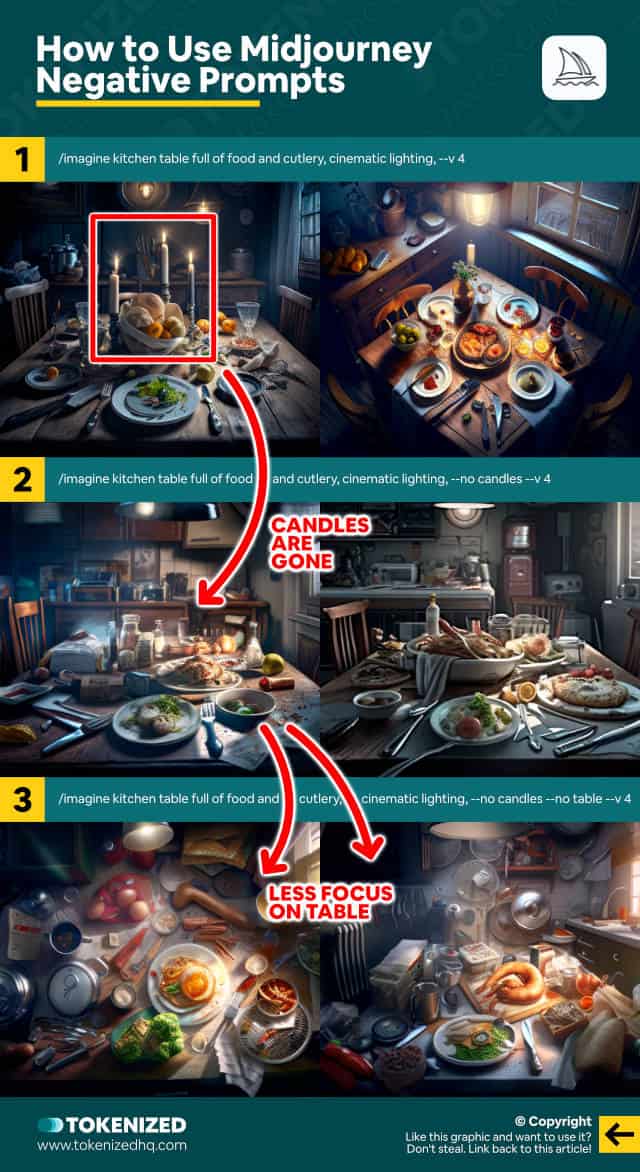 Infographic explaining how to use Midjourney negative prompts to remove objects from images.