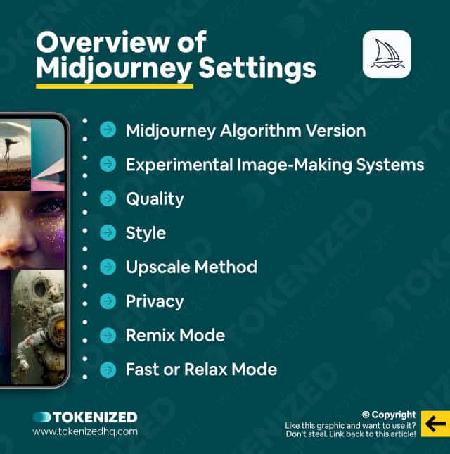 Infographic listing all of the default values that you can set in your Midjourney settings.