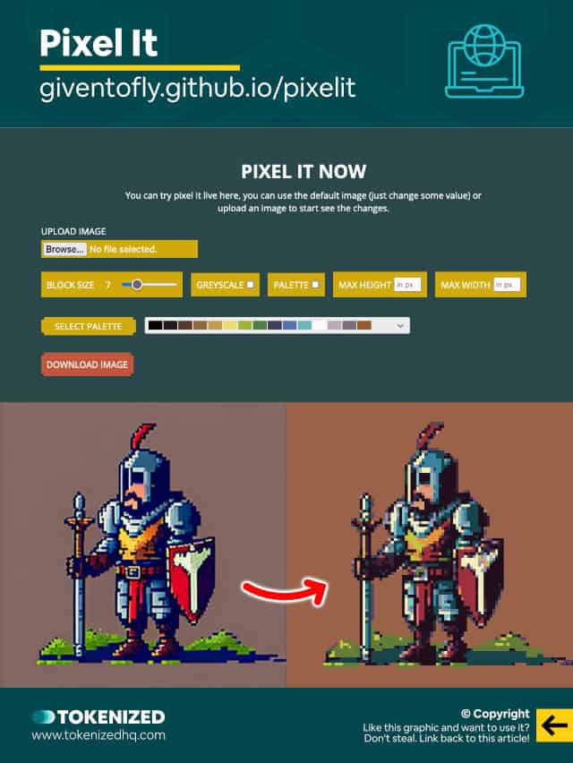 Example of using an online pixel art generator to clean up Midjourney pixel art concepts.