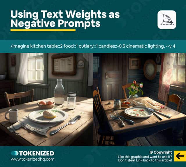 Infographic showing how to use text weights as negative prompts in Midjourney.