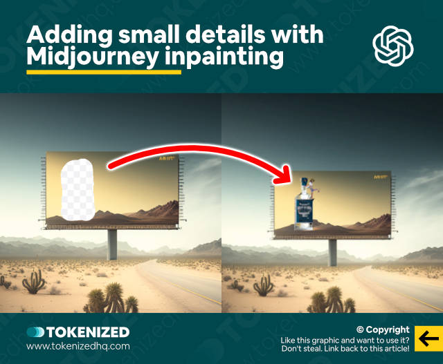 Infographic showing how you can add small details with Midjourney inpainting.