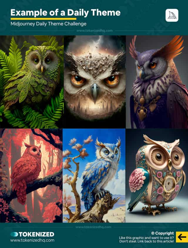Infographic showing an example of a Midjourney daily theme challenge (Theme: Owls).
