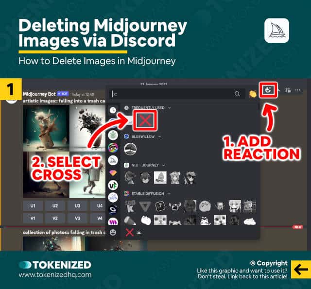 Infographic explaining how to delete images in Midjourney via Discord.