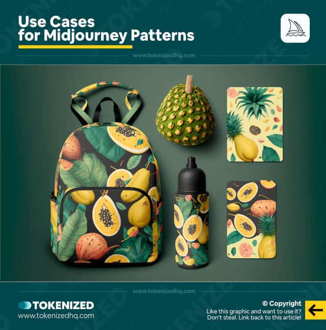 Infographic showing an merchandise as an example of a real-life Midjourney pattern use case.