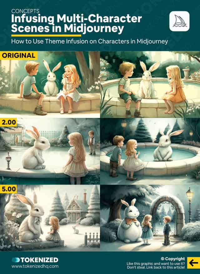 Infographic showing an example of theme infusion in a multi-character scene in Midjourney.