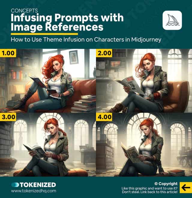 Infographic showing an example of theme infusion in prompts with image references in Midjourney.