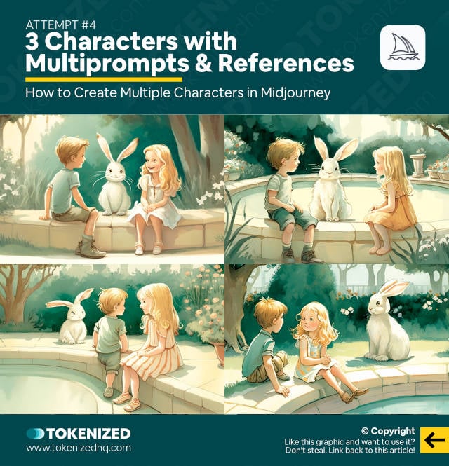 Infographic showing the successful 3-character attempt to place multiple characters in Midjourney.