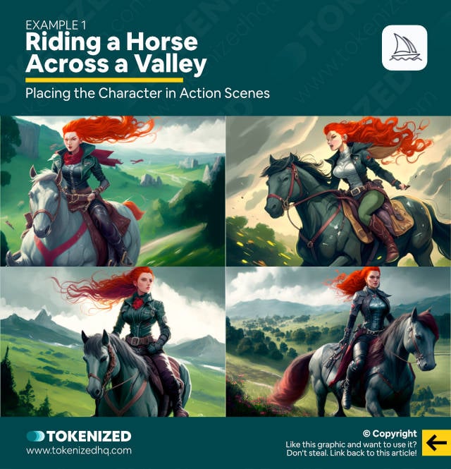 Place Characters in Action Scenes in Midjourney – Riding a Horse Across a Valley