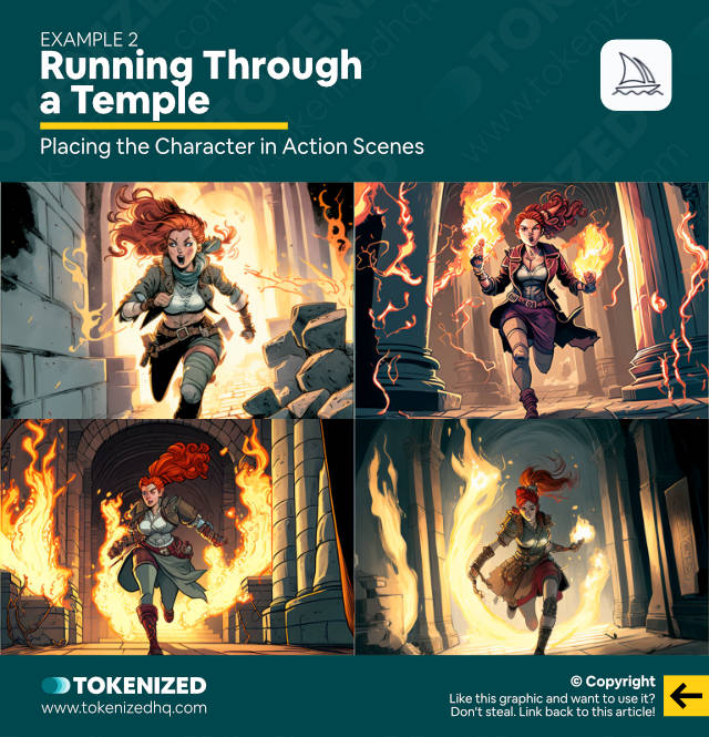 Place Characters in Action Scenes in Midjourney – Running Through a Temple