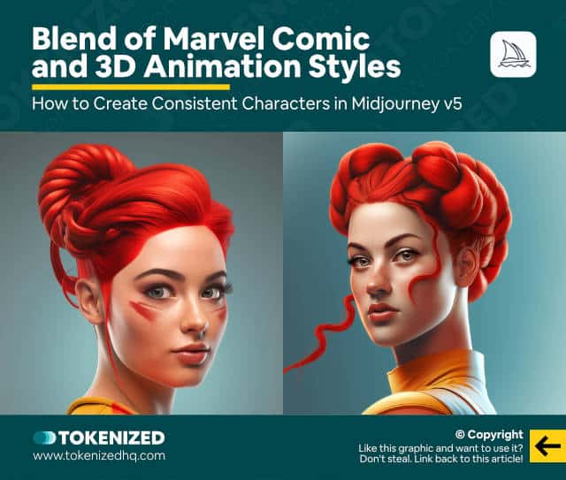 Infographic showing a of a Marvel comic and 3d animation style in Midjourney v5.