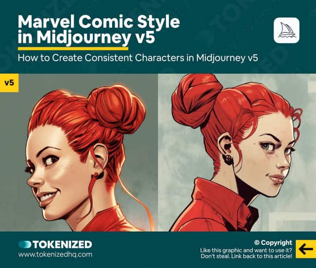 Infographic showing an example of Marvel comic style in Midjourney v5.
