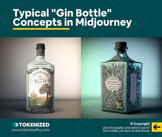 Infographic showing basic examples examples of Midjourney product design for gin bottles.