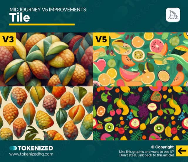 Infographic comparing how --tile behaves in Midjourney v5 versus v3.