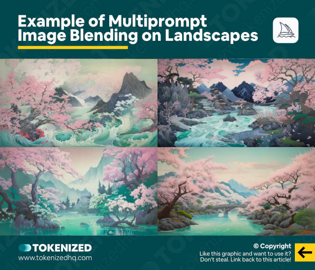 Example of Multiprompt Image Blending Landscapes in Midjourney.