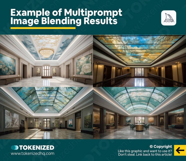 Example of Multiprompt Image Blending results in Midjourney with weighted segments.
