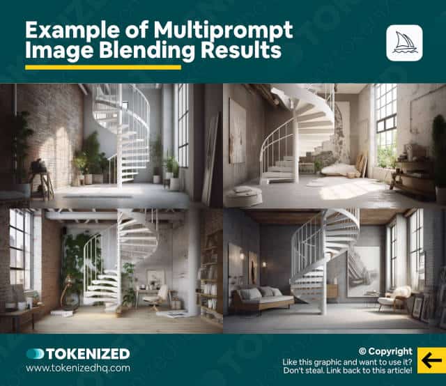 Example of Multiprompt Image Blending results in Midjourney with a photobashed reference.