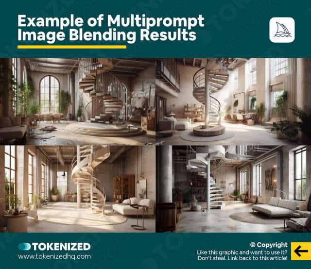 Example of Multiprompt Image Blending results for Interior Design in Midjourney.