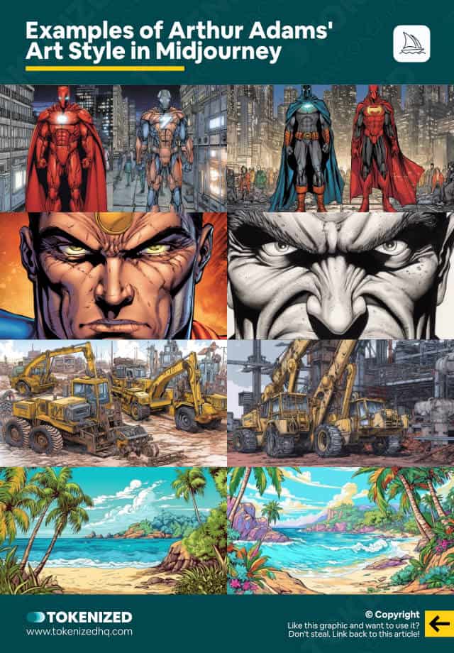 Infographic showing examples of Arthur Adams' art style in Midjourney.