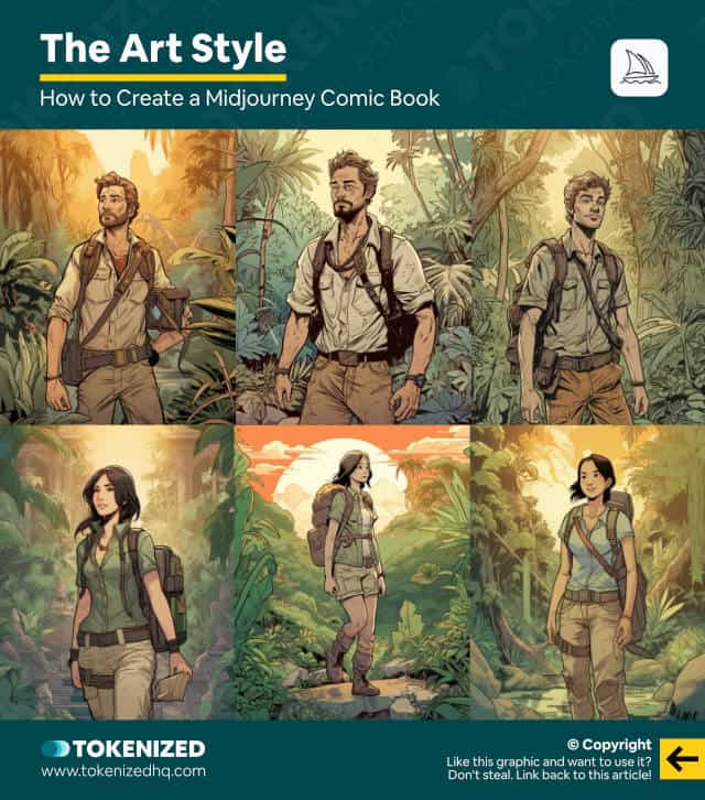 Infographic showing examples of the art style we used in my Midjourney comic book.
