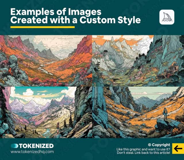 Infographic showing examples of images created with custom styles in Midjourney.