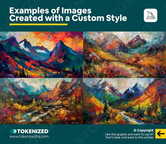 Infographic showing examples of images created with custom styles in Midjourney.