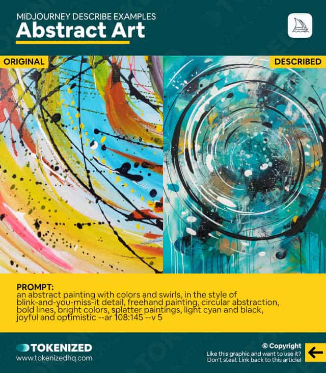 Examples of abstract art recreated using the Midjourney describe command.