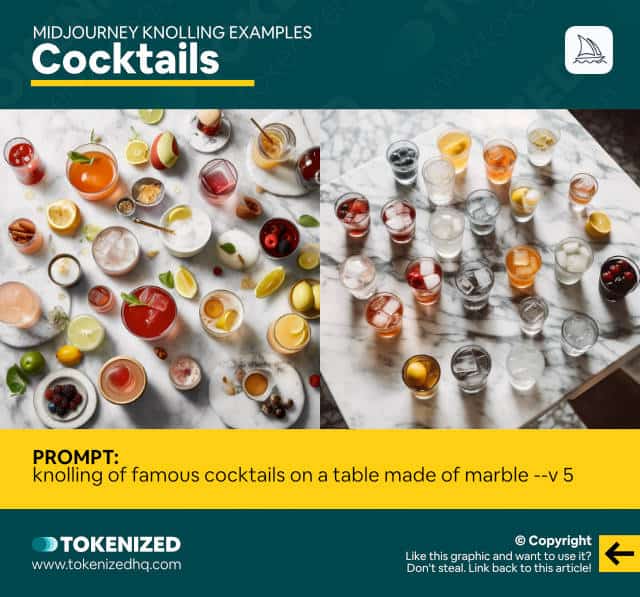 Infographic showing a an example of knolling in Midjourney for cocktails.