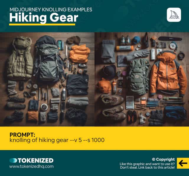 Infographic showing a an example of knolling in Midjourney for hiking gear.
