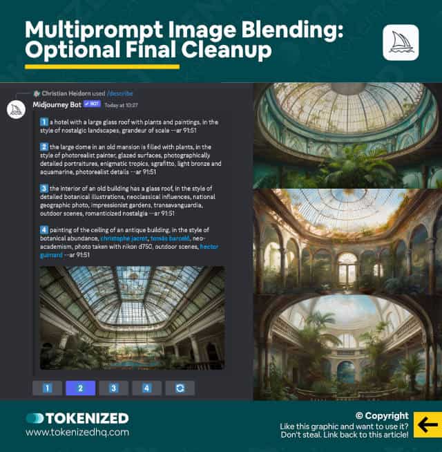 Infographic showing how you can do a final cleanup on your Multiprompt Image Blending by simply using /describe again.