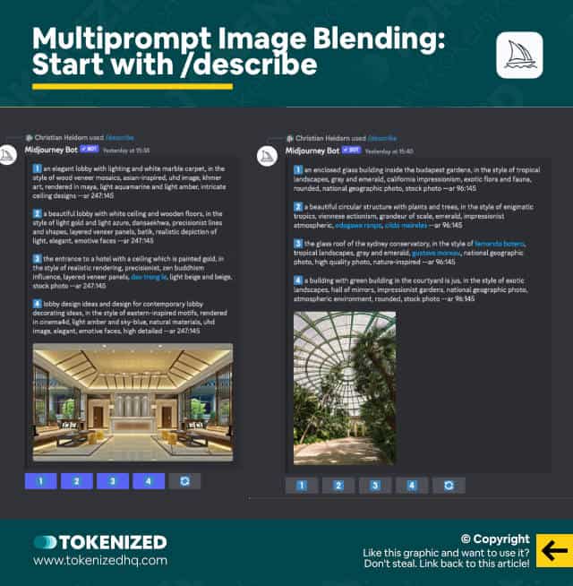 Infographic showing step 1 of how Multiprompt Image Blending works in Midjourney.