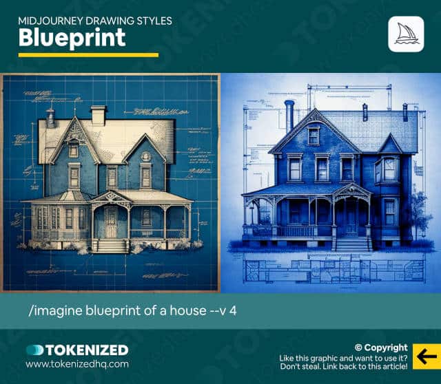 Examples of the "Blueprint" Midjourney drawing style.