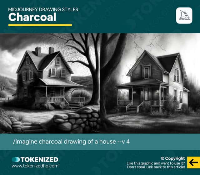 Examples of the "Charcoal" Midjourney drawing style.