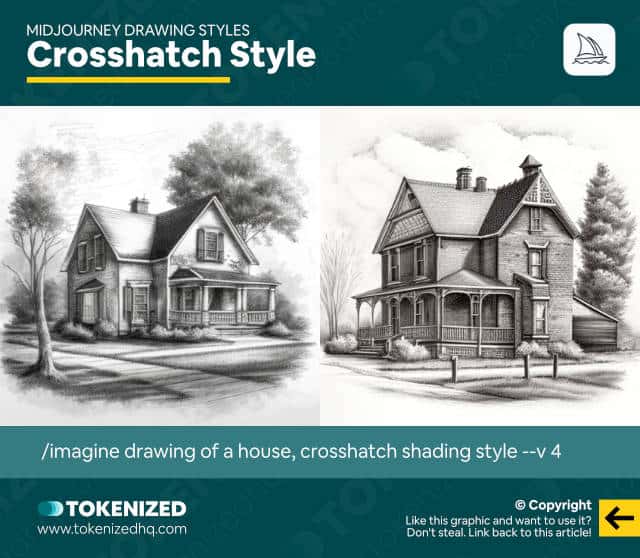 Examples of the "Crosshatch Style" Midjourney drawing style.