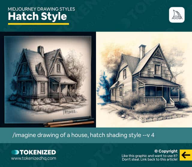 Examples of the "Hatch Style" Midjourney drawing style.