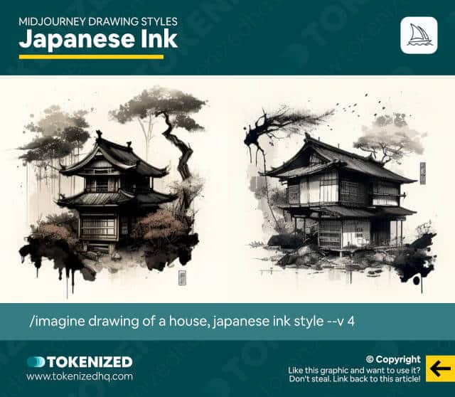 Examples of the "Japanese Ink" Midjourney drawing style.
