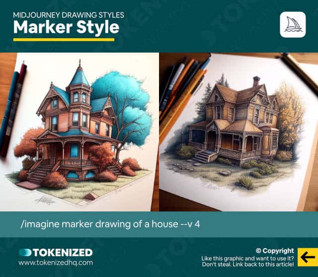 Examples of the "Marker" Midjourney drawing style.