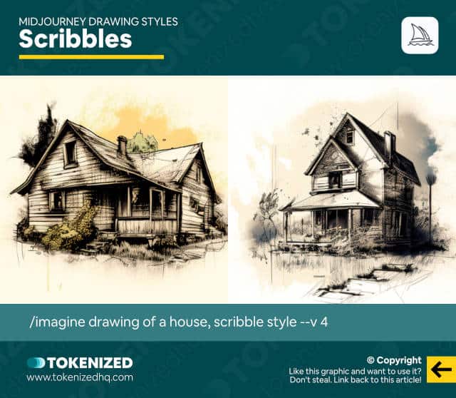 Examples of the "Scribbles" Midjourney drawing style.