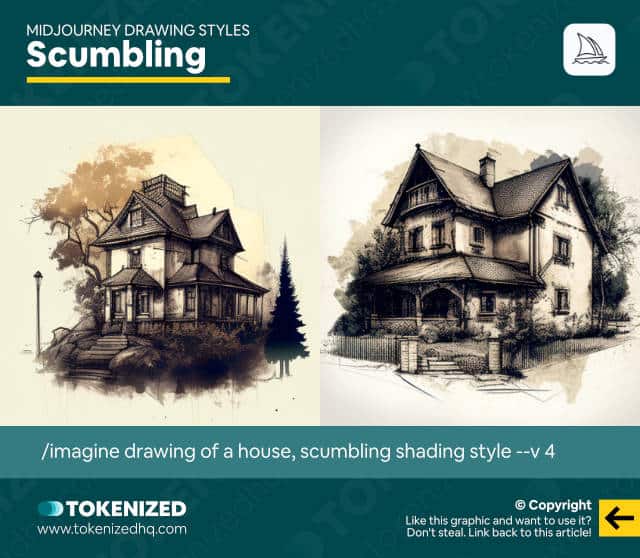 Examples of the "Scumbling" Midjourney drawing style.