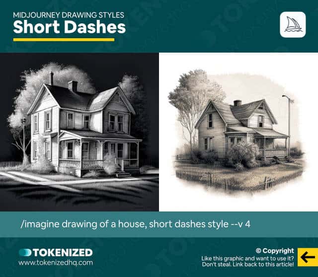 Examples of the "Short Dashes" Midjourney drawing style.