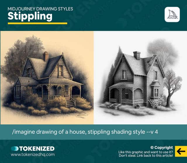 Examples of the "Stippling" Midjourney drawing style.