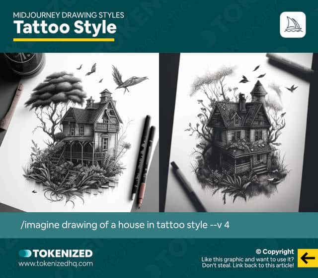 Examples of the "Tattoo" Midjourney drawing style.