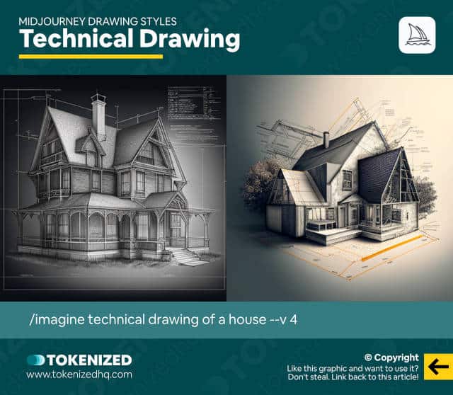 Examples of the "Technical Drawing" Midjourney drawing style.