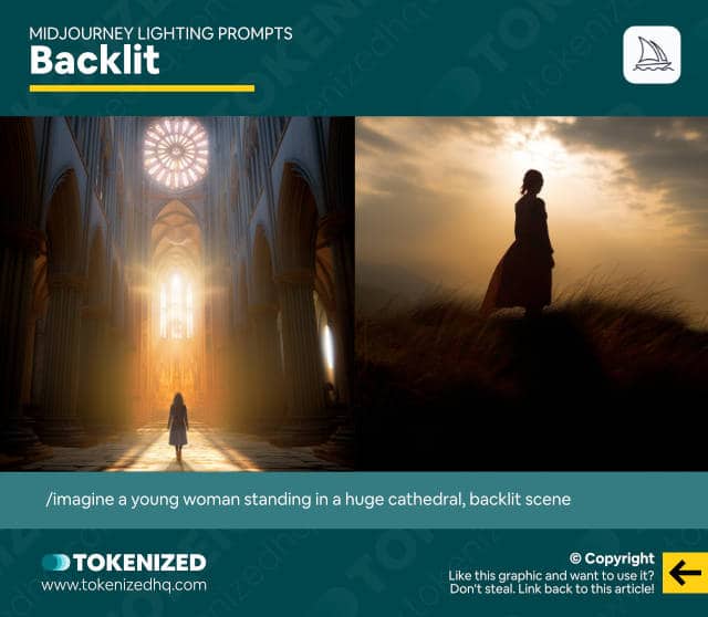 Infographic showing examples of the "backlit" Midjourney lighting prompt.