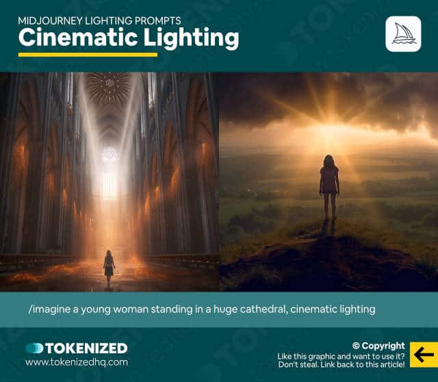 Infographic showing examples of the "cinematic" Midjourney lighting prompt.