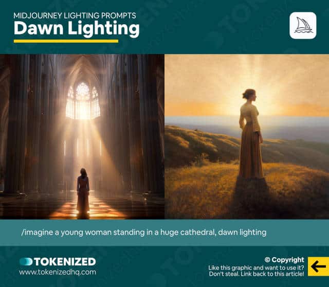 Infographic showing examples of the "dawn" Midjourney lighting prompt.