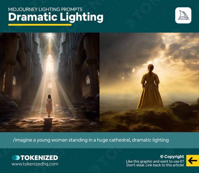 Infographic showing examples of the "dramatic" Midjourney lighting prompt.